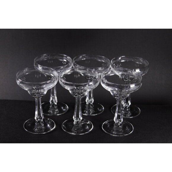 Edwardian pressed glass champagne glasses set of 6, art deco tall sherbet - Picture 4 of 10